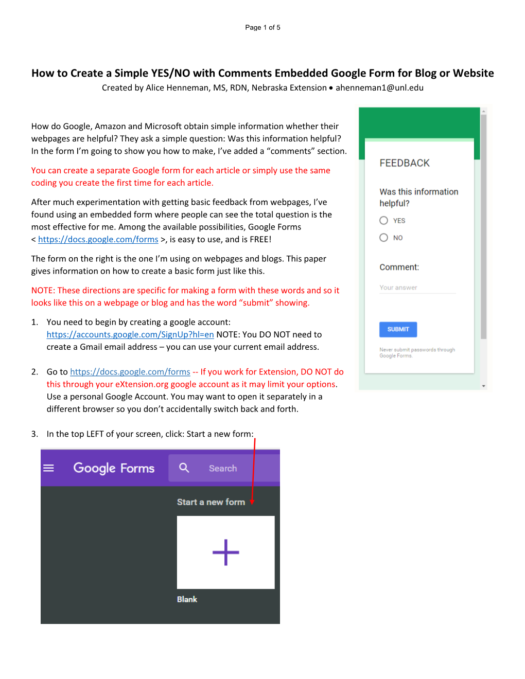 How to Create a Simple YES/NO with Comments Embedded Google Form for Blog Or Website Created by Alice Henneman, MS, RDN, Nebraska Extension  Ahenneman1@Unl.Edu