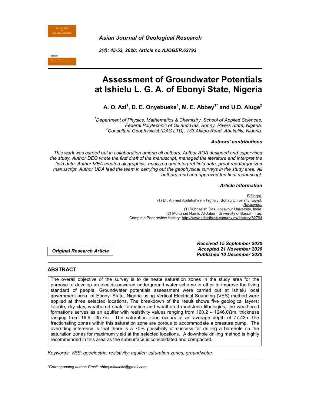 Assessment of Groundwater Potentials at Ishielu L. G. A. of Ebonyi State, Nigeria