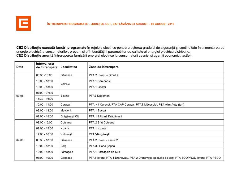 CEZ Distribuţie Execută Lucrări Programate În Reţelele Electrice