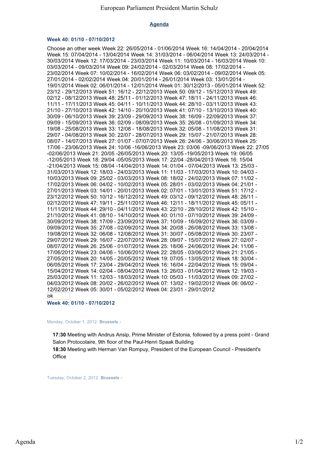 European Parliament President Martin Schulz Agenda
