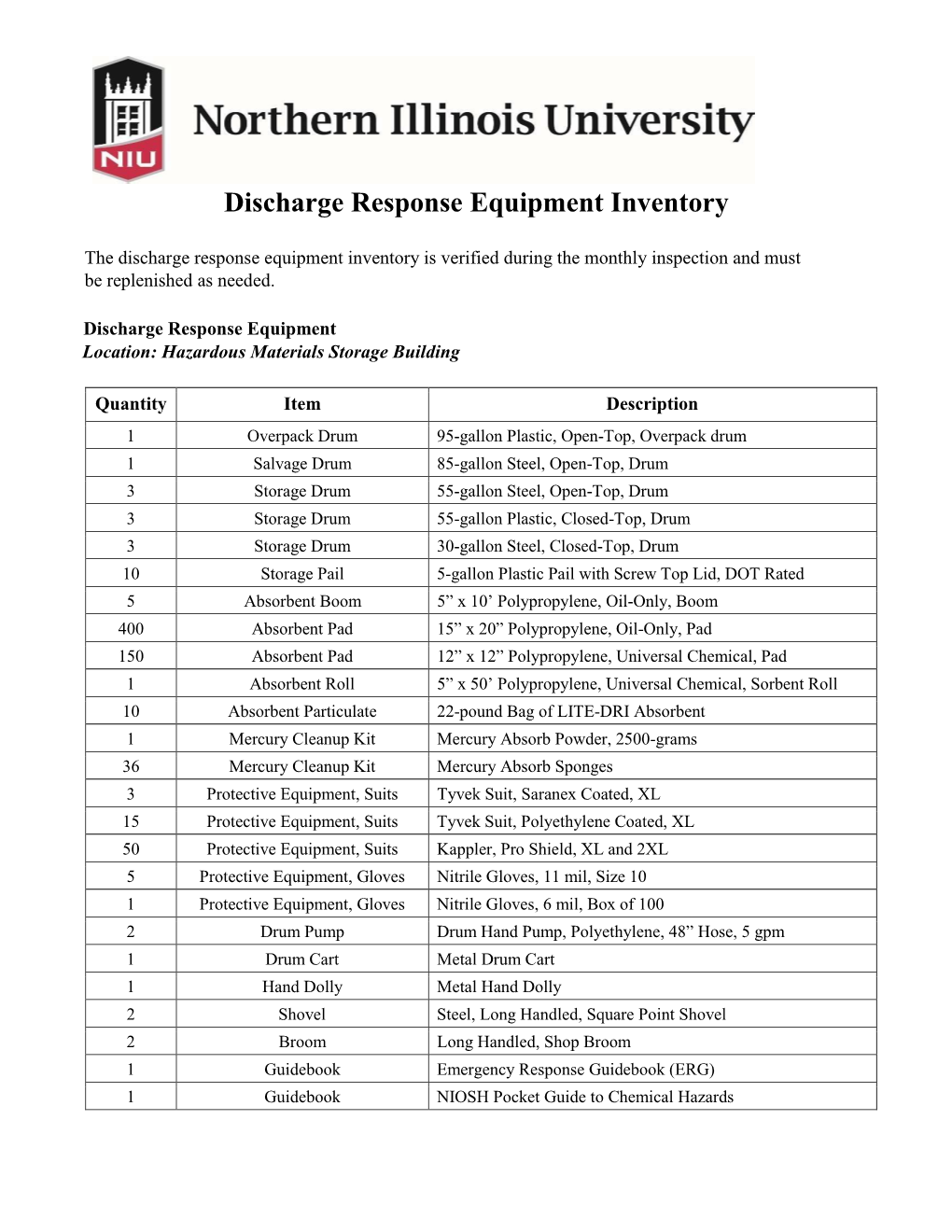 Discharge Response Equipment Inventory