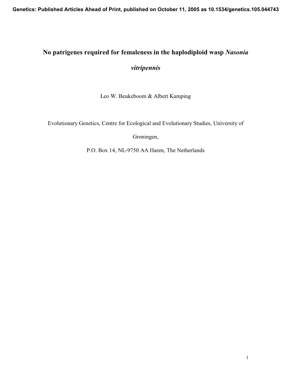 No Patrigenes Required for Femaleness in the Haplodiploid Wasp Nasonia