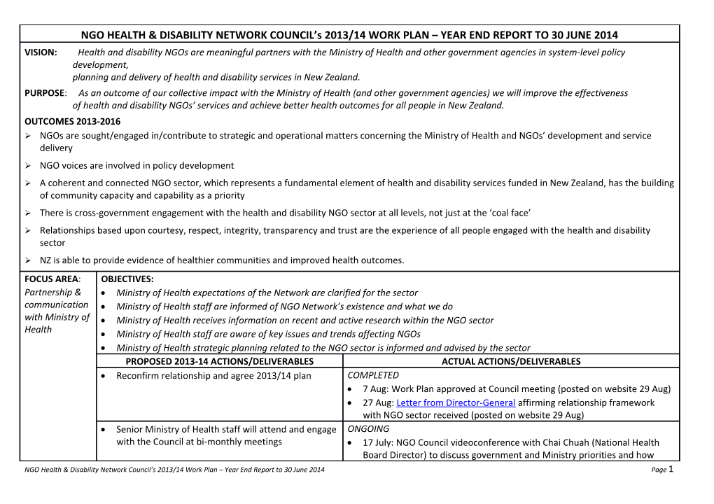 NGO HEALTH & DISABILITY NETWORK COUNCIL S 2013/14 WORK PLAN YEAR END REPORT to 30 JUNE 2014