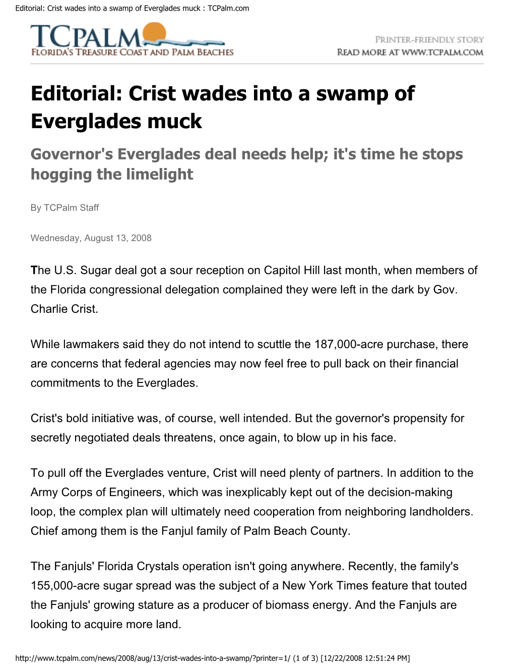 Editorial: Crist Wades Into a Swamp of Everglades Muck : Tcpalm.Com
