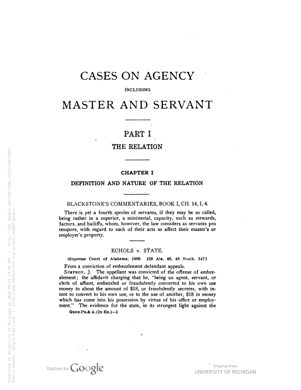 Cases on Principal and Agent, and Master and Servant : Selected From