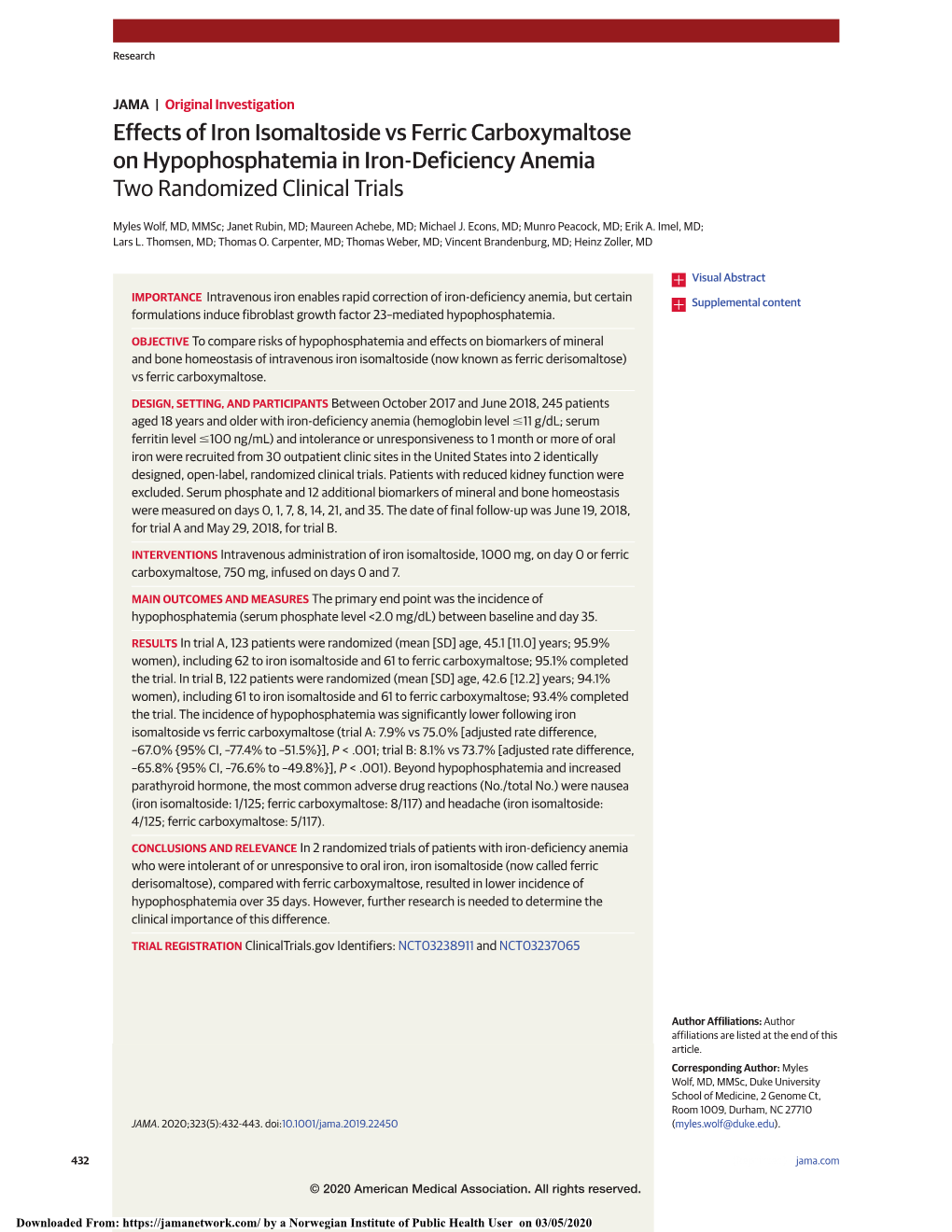 Effects of Iron Isomaltoside Vs Ferric Carboxymaltose on Hypophosphatemia in Iron-Deficiency Anemia Two Randomized Clinical Trials