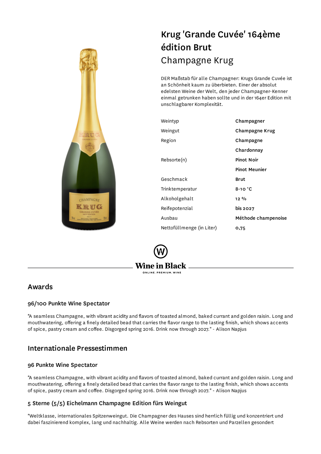 Krug 'Grande Cuvée' 164Ème Édition Brut Champagne Krug