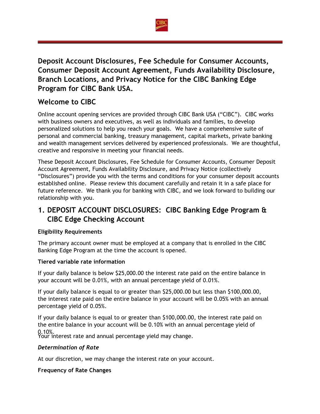 Deposit Account Disclosures, Fee Schedule for Consumer Accounts