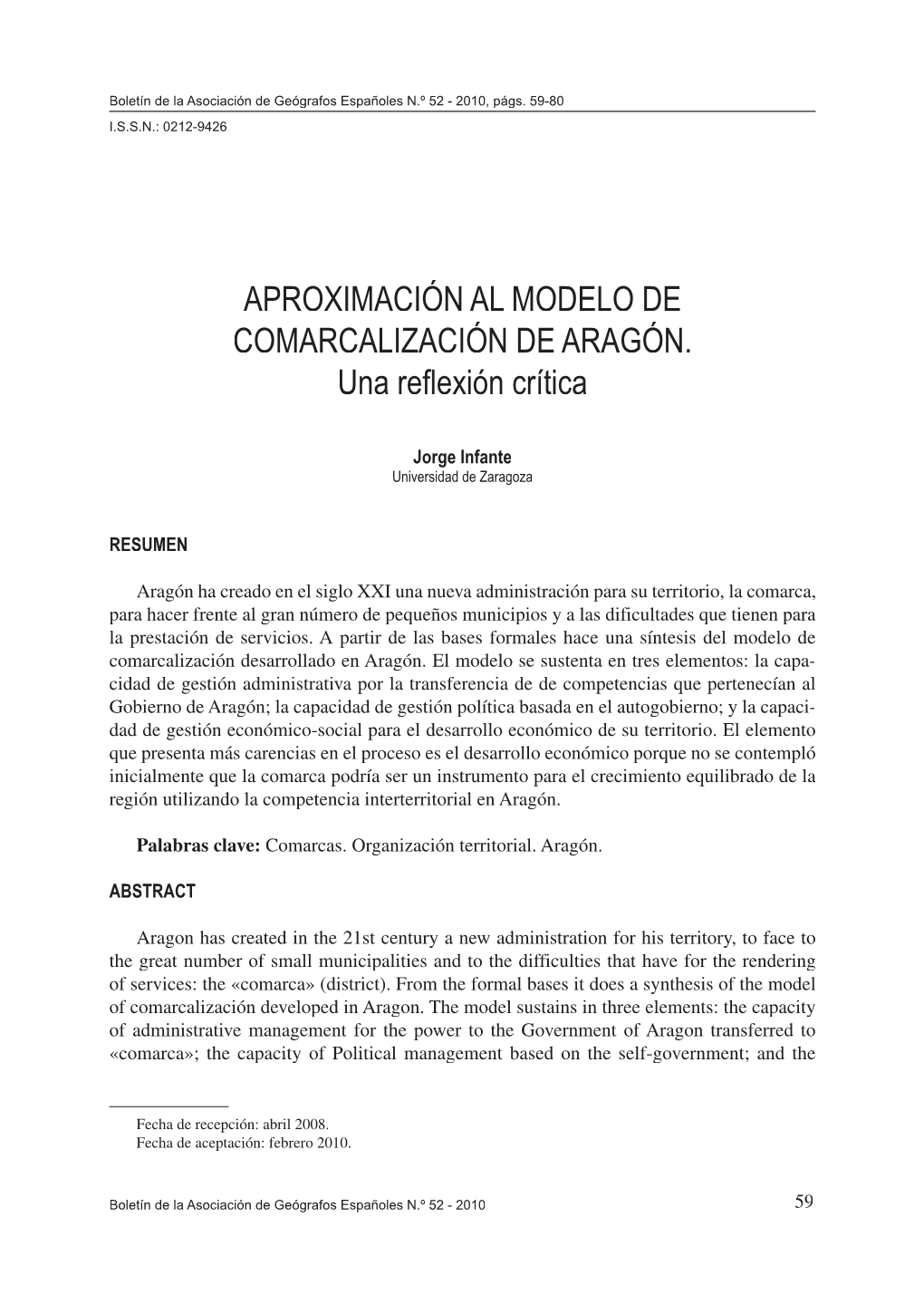 APROXIMACIÓN AL MODELO DE COMARCALIZACIÓN DE ARAGÓN. Una Reflexión Crítica