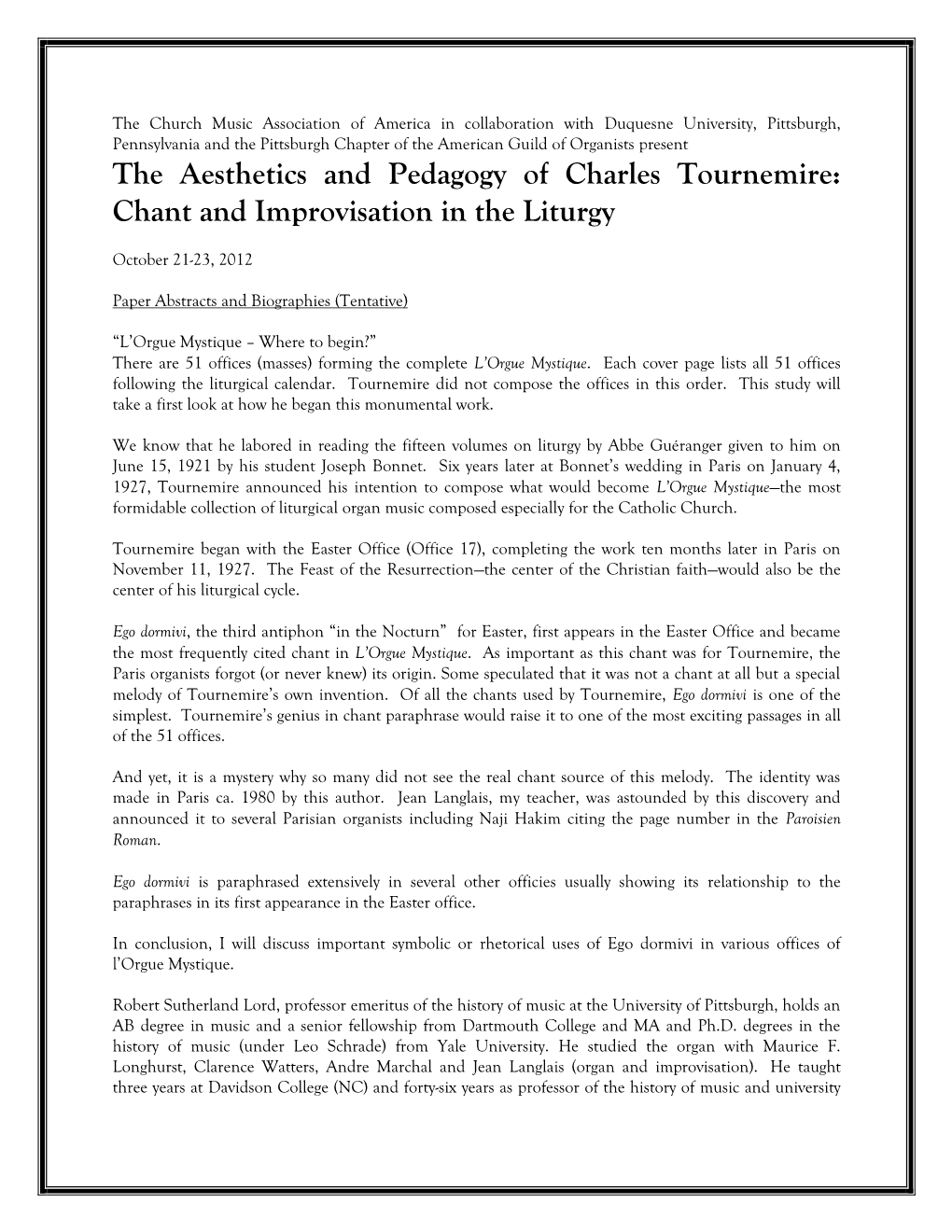 The Aesthetics and Pedagogy of Charles Tournemire: Chant and Improvisation in the Liturgy