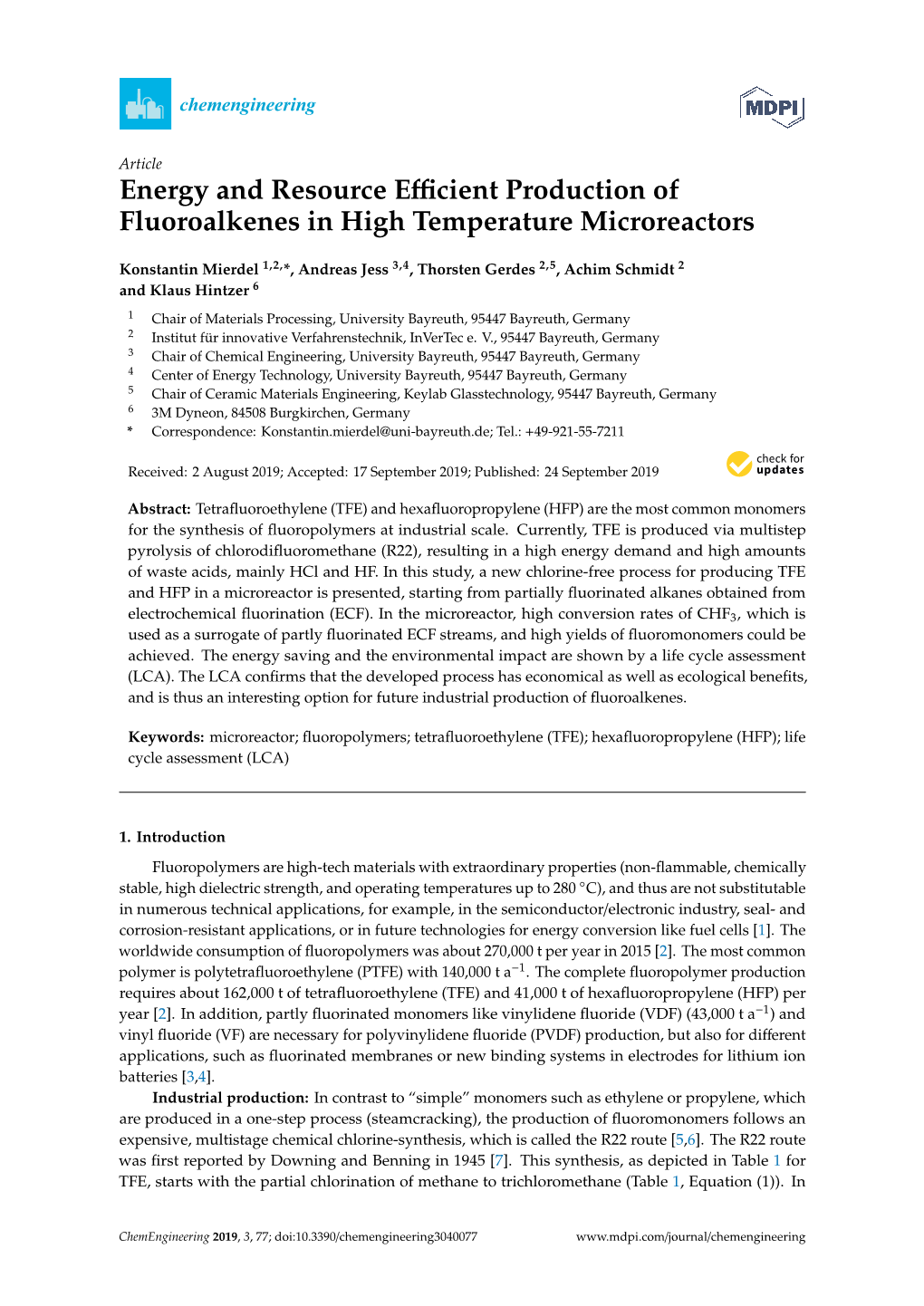 Energy and Resource Efficient Production of Fluoroalkenes in High