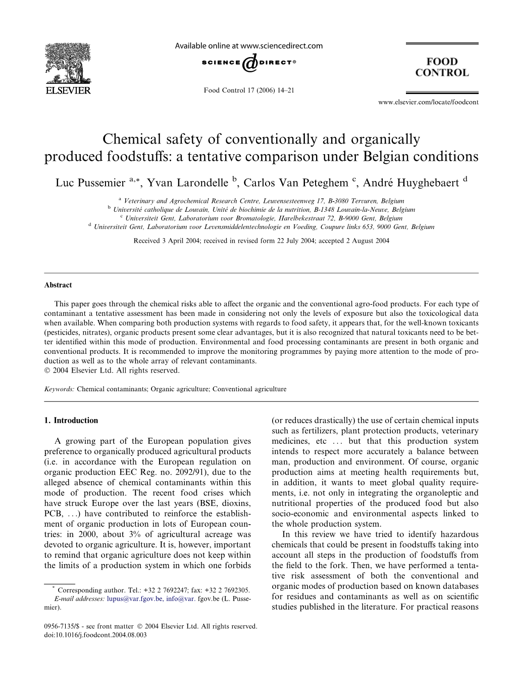 Chemical Safety of Conventionally and Organically Produced Foodstuffs