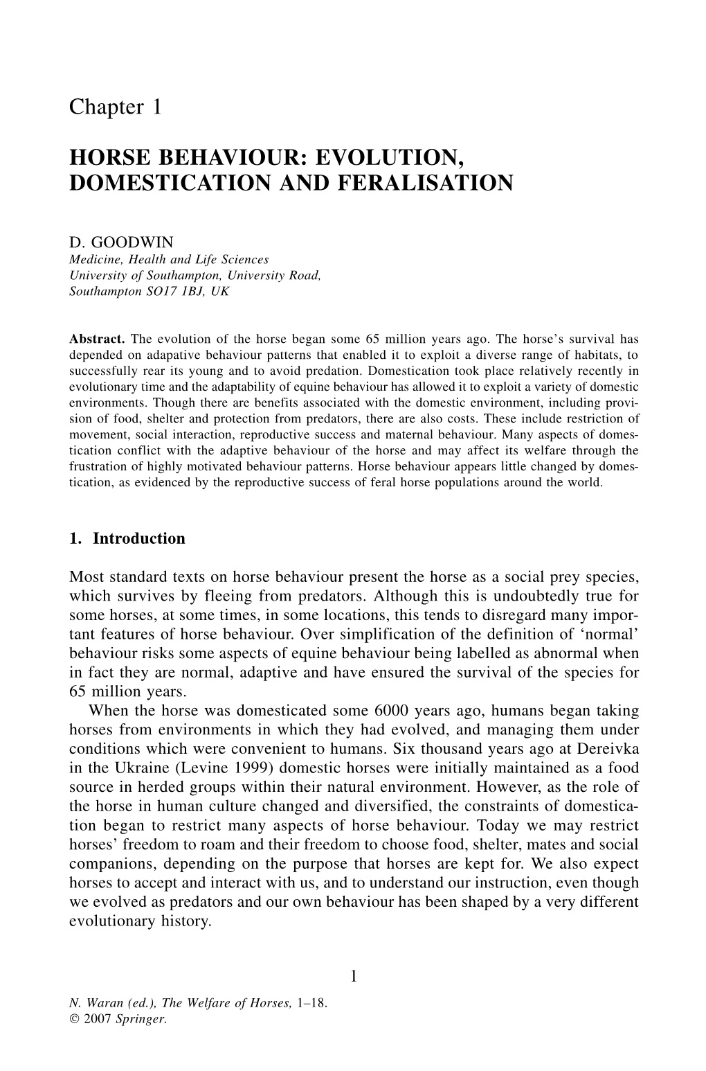 Chapter 1 HORSE BEHAVIOUR: EVOLUTION, DOMESTICATION and FERALISATION