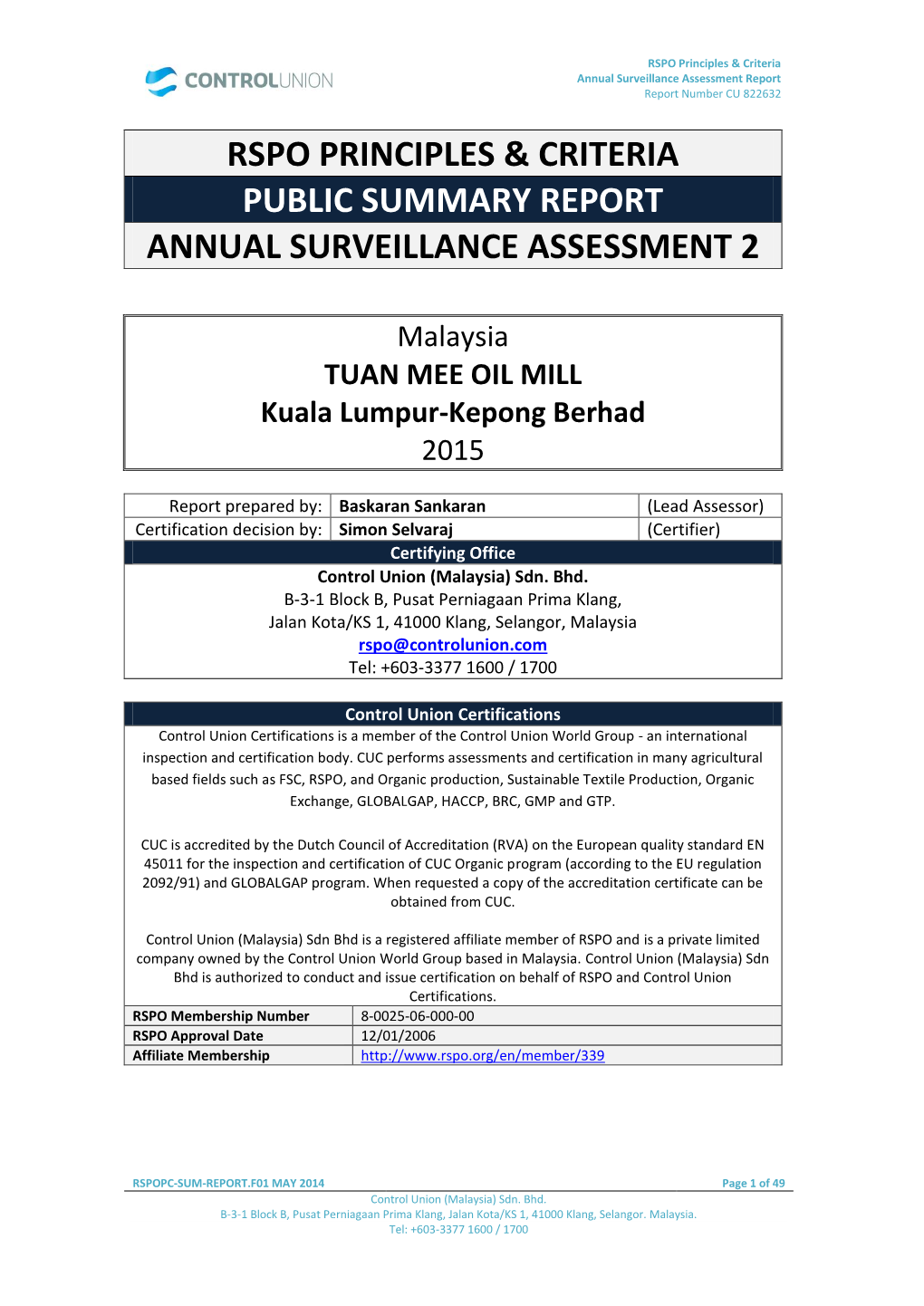 TUAN MEE OIL MILL Kuala Lumpur-Kepong Berhad 2015