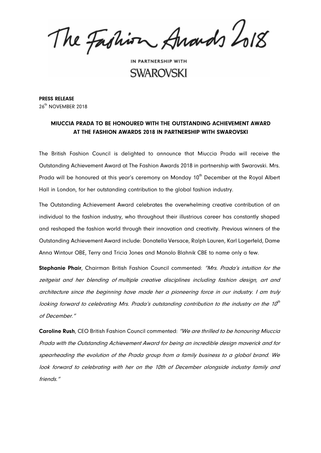 Miuccia Prada to Be Honoured with the Outstanding Achievement Award at the Fashion Awards 2018 in Partnership with Swarovski