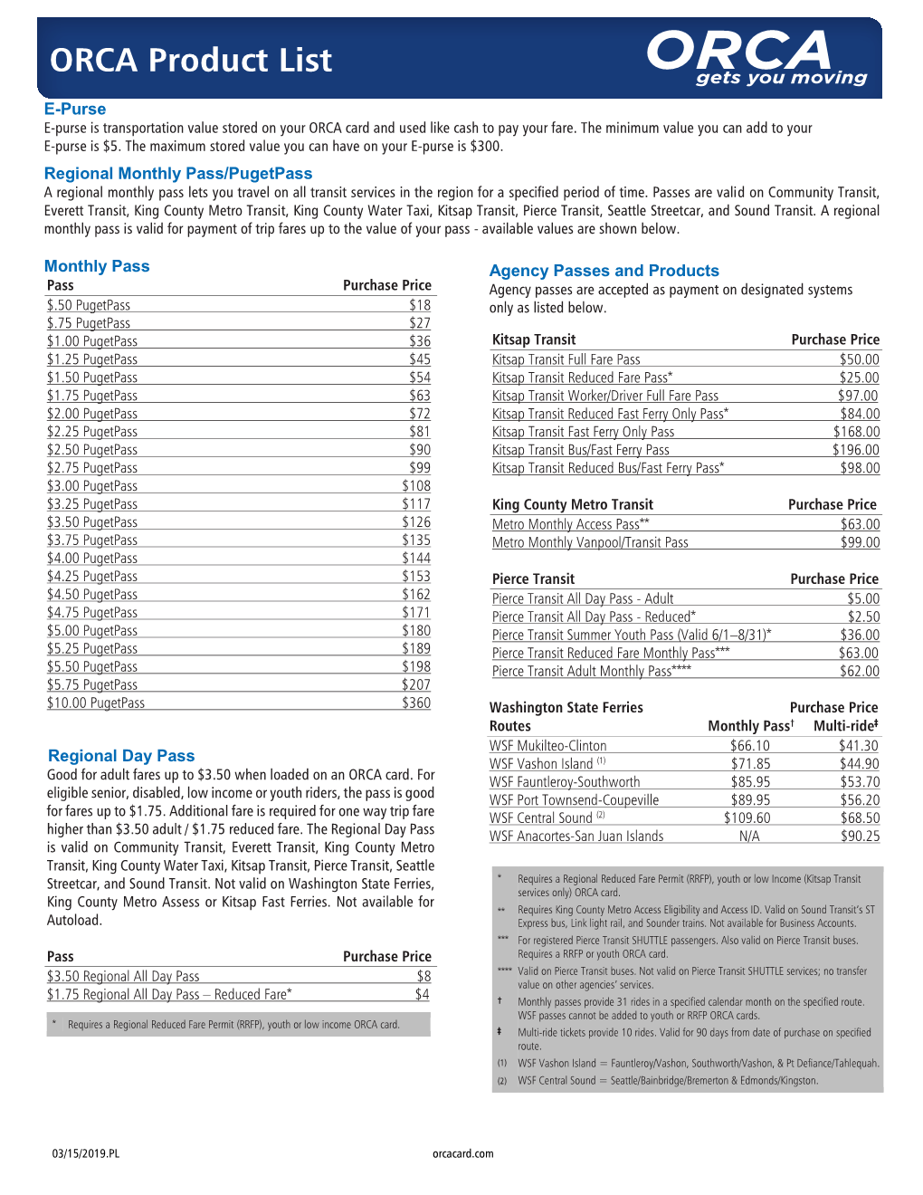 E-Purse Regional Monthly Pass/Pugetpass Monthly Pass