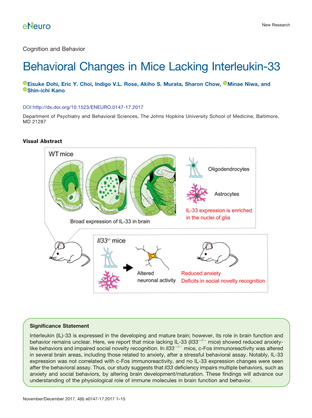 Behavioral Changes in Mice Lacking Interleukin-33