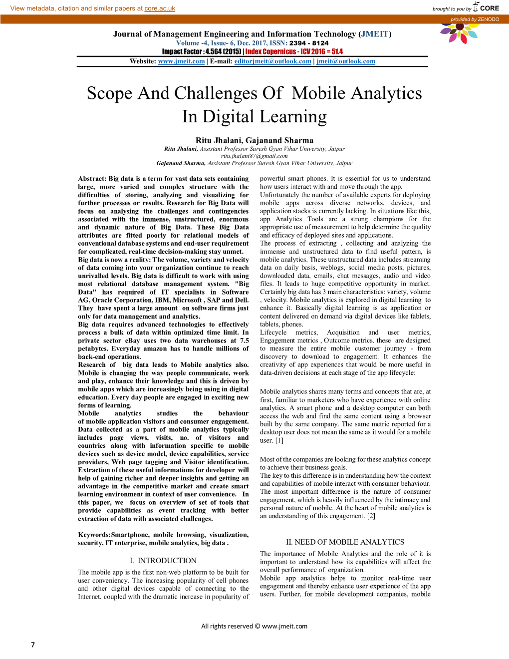 Scope and Challenges of Mobile Analytics in Digital Learning