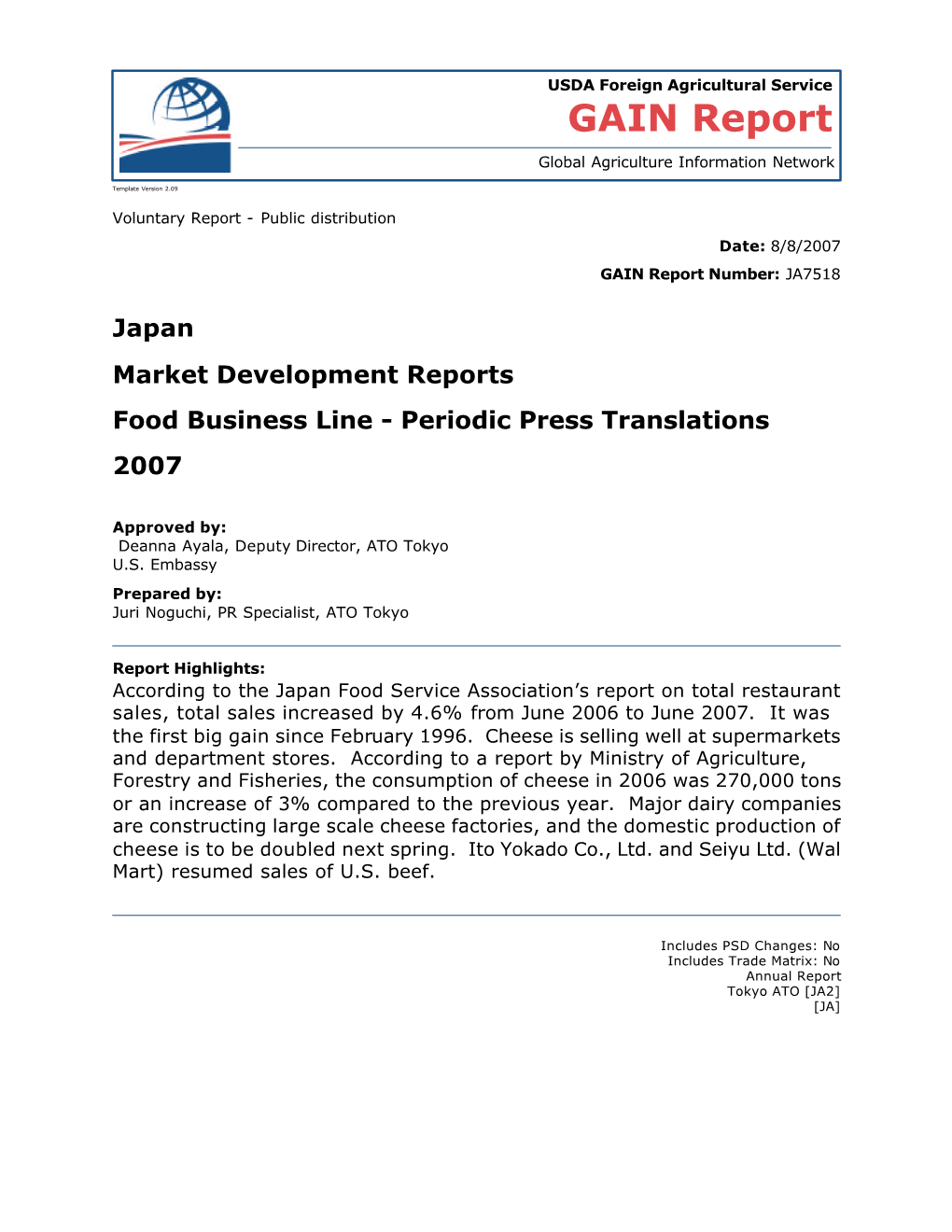 Japan Market Development Reports Food Business Line - Periodic Press Translations 2007
