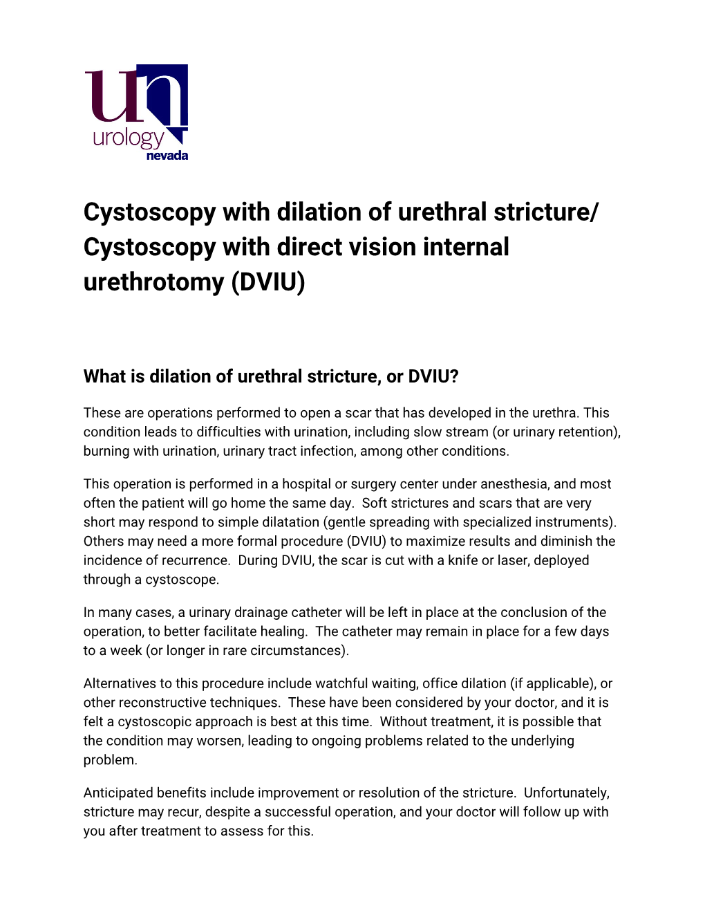 Cystoscopy with Dilation of Urethral Stricture/ Cystoscopy with Direct Vision Internal Urethrotomy (DVIU)