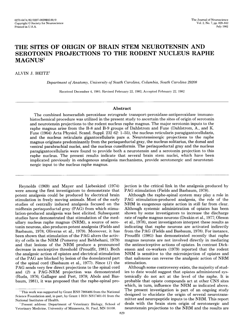 The Sites of Origin of Brain Stem Neurotensin and Serotonin Projections to the Rodent Nucleus Raphe Magnus'