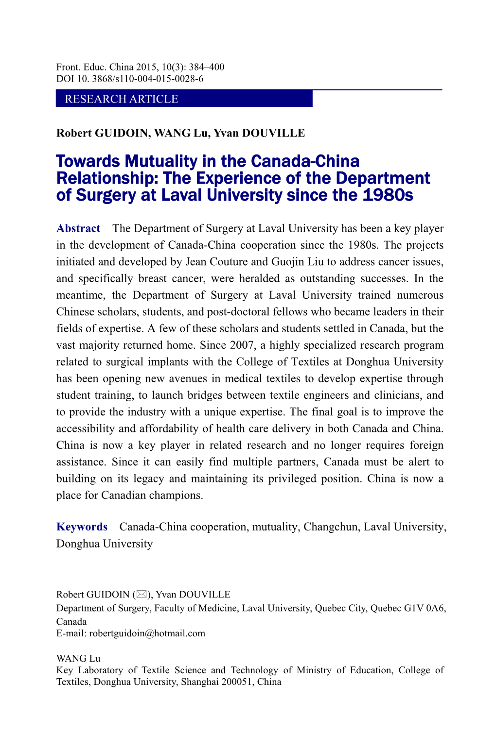 Towards Mutuality in the Canada-China Relationship: the Experience of the Department of Surgery at Laval University Since the 1980S