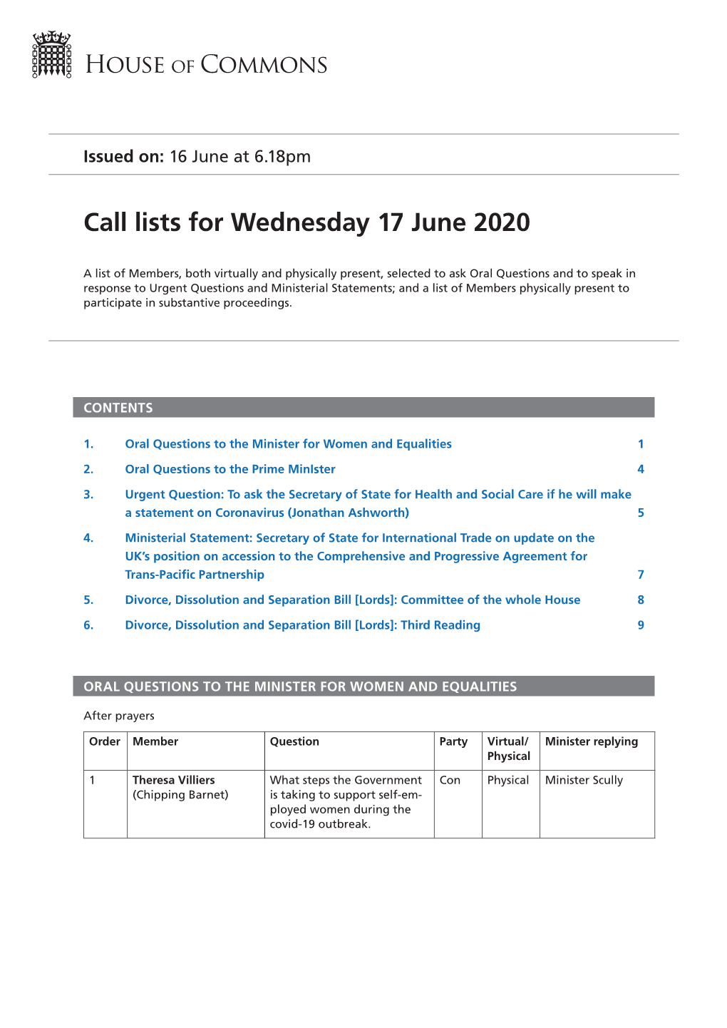 Call List for Wed 17 Jun 2020