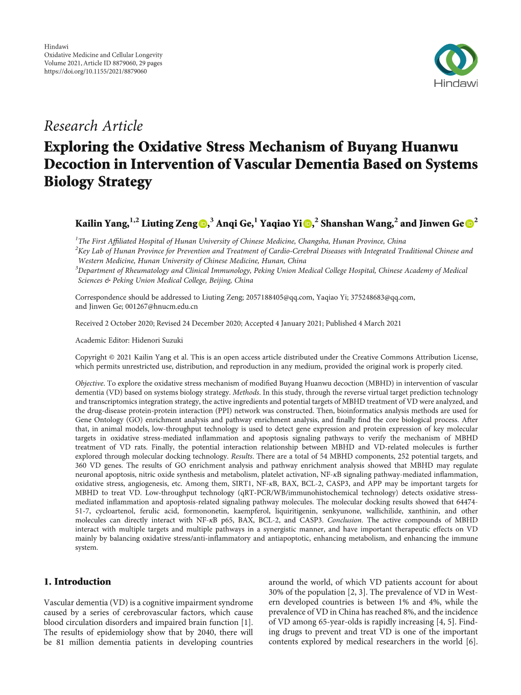 Exploring the Oxidative Stress Mechanism of Buyang Huanwu Decoction in Intervention of Vascular Dementia Based on Systems Biology Strategy