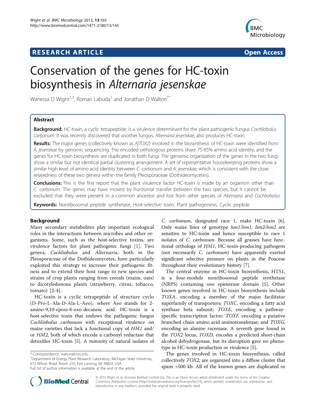 Conservation of the Genes for HC-Toxin Biosynthesis in Alternaria Jesenskae Wanessa D Wight1,3, Roman Labuda2 and Jonathan D Walton1*
