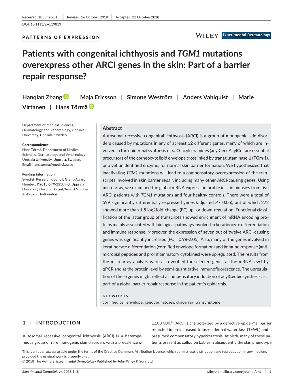 Patients with Congenital Ichthyosis and TGM1 Mutations Overexpress Other ARCI Genes in the Skin: Part of a Barrier Repair Response?