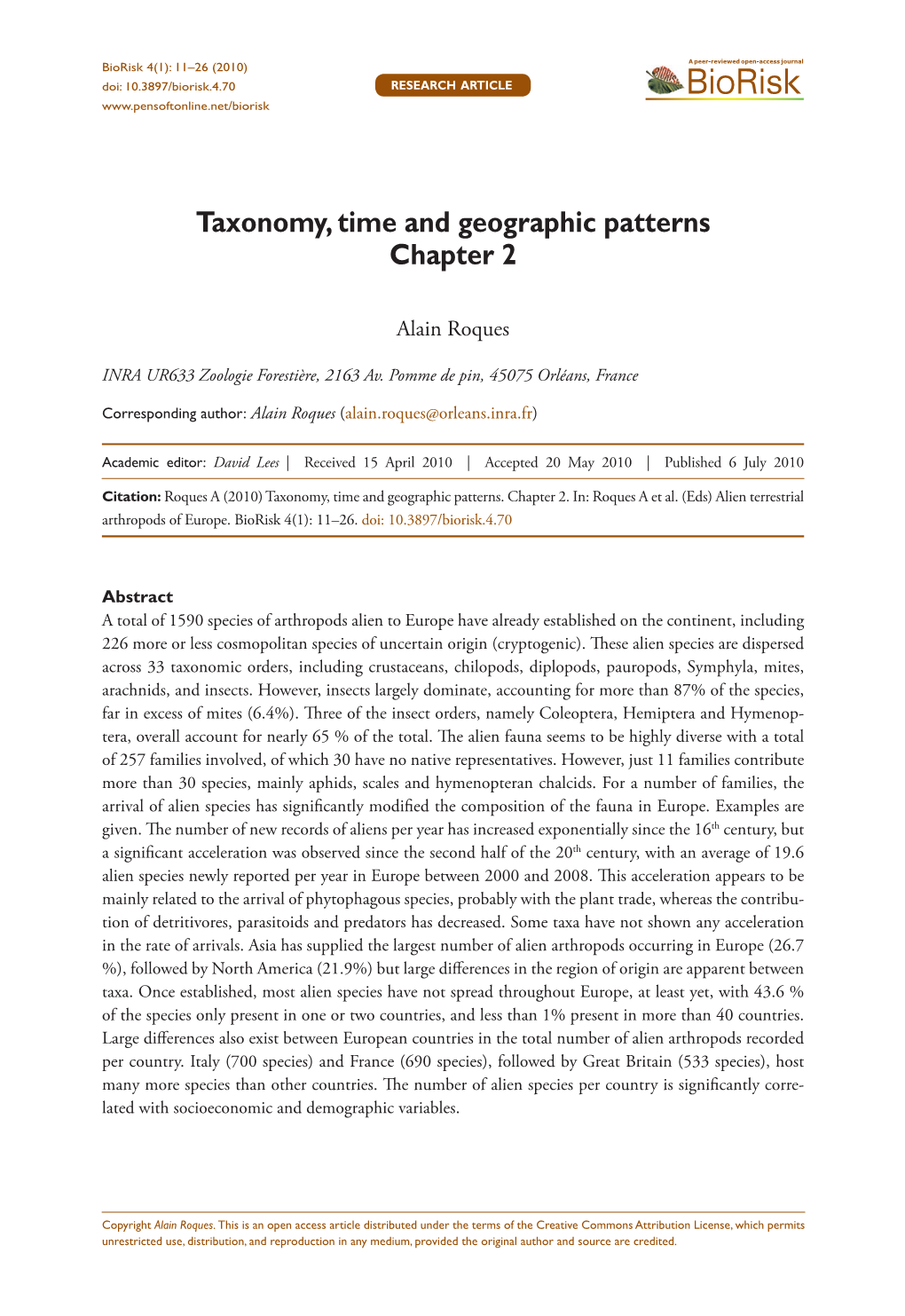 Biorisk 4(1): 11–26 (2010) Taxonomy, Time and Geographic Patterns