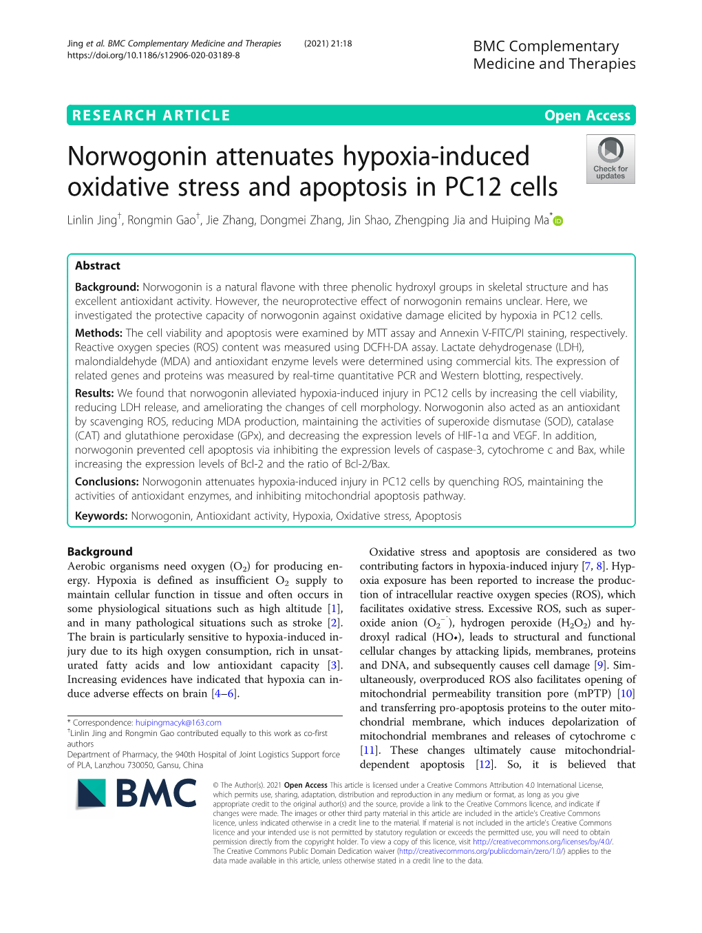 Norwogonin Attenuates Hypoxia-Induced Oxidative Stress