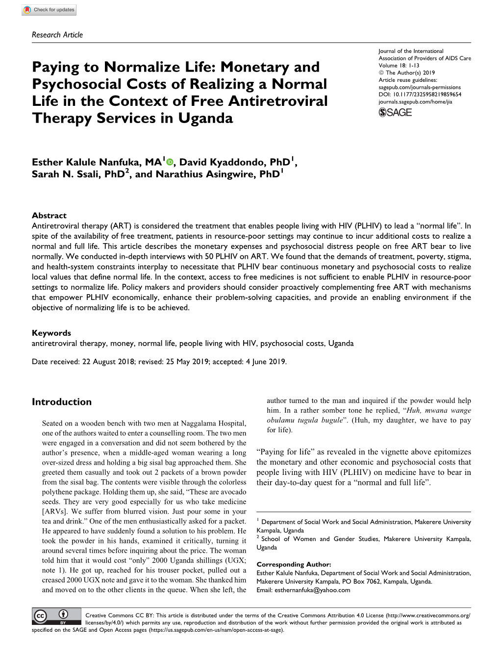 Monetary and Psychosocial Costs of Realizing a Normal Life in the Context of Free Antiretroviral Thera