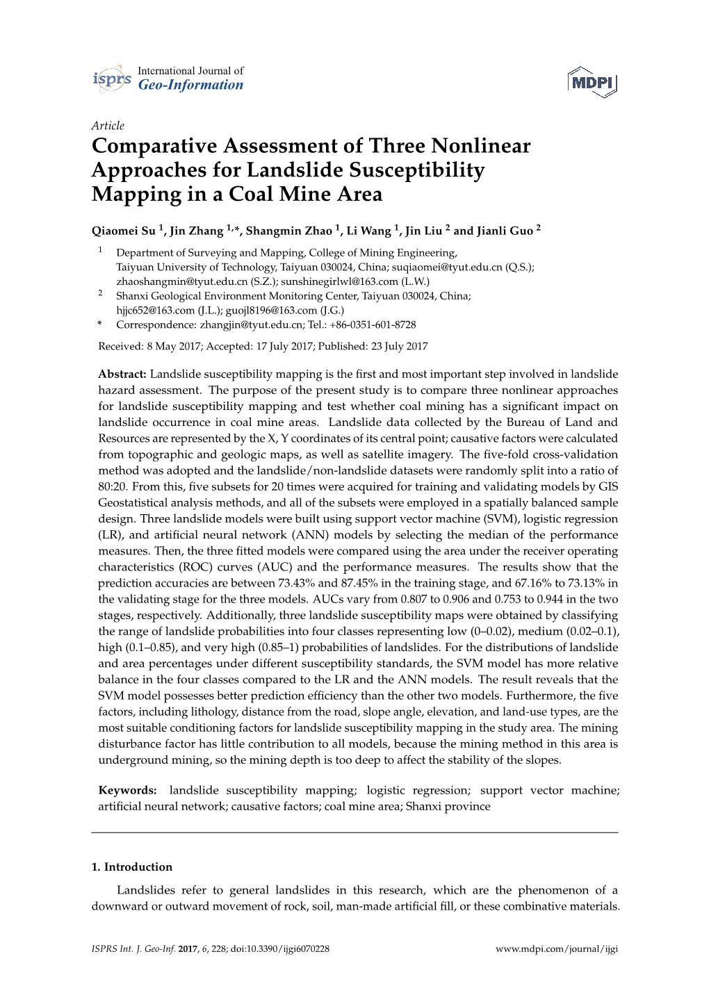 Comparative Assessment of Three Nonlinear Approaches for Landslide Susceptibility Mapping in a Coal Mine Area