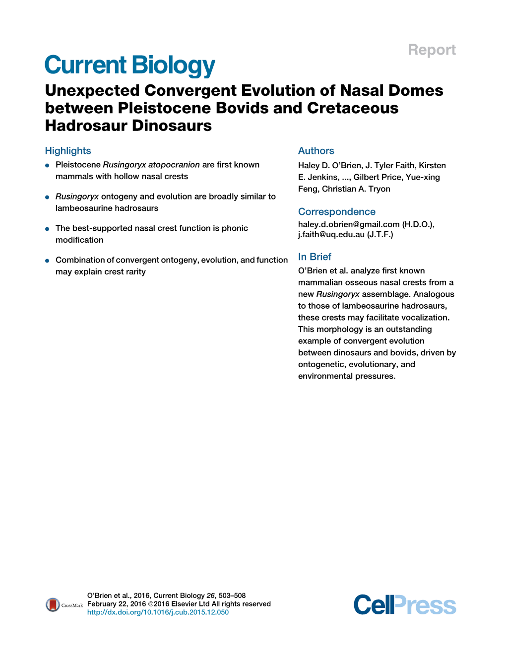 Unexpected Convergent Evolution of Nasal Domes Between Pleistocene Bovids and Cretaceous Hadrosaur Dinosaurs