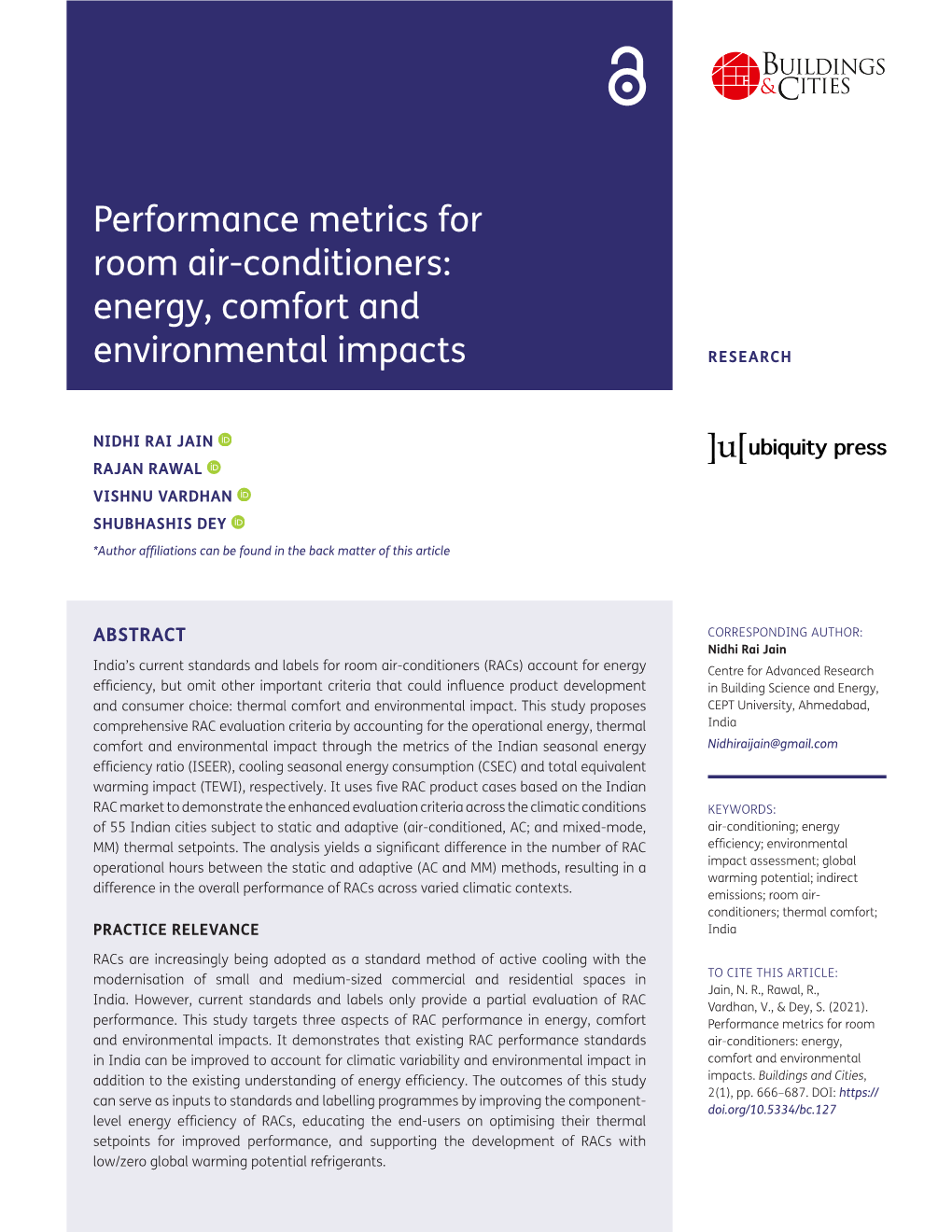 Performance Metrics for Room Air-Conditioners: Energy, Comfort and Environmental Impacts RESEARCH
