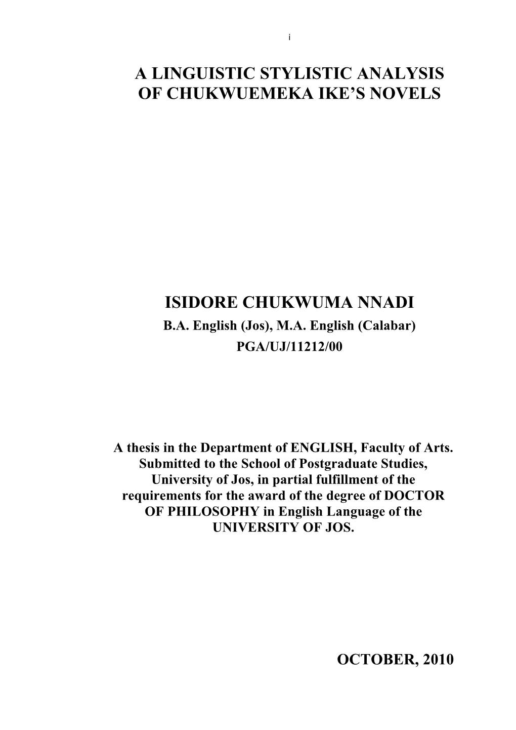 A Linguistic Stylistic Analysis of Chukwuemeka Ike's Novels