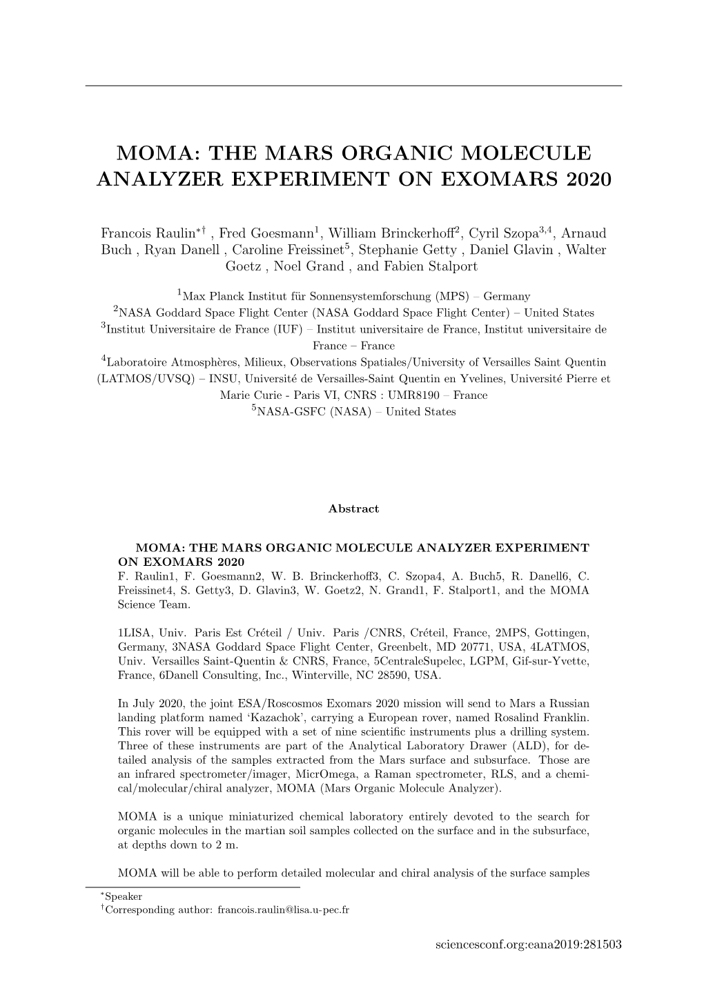 The Mars Organic Molecule Analyzer Experiment on Exomars 2020