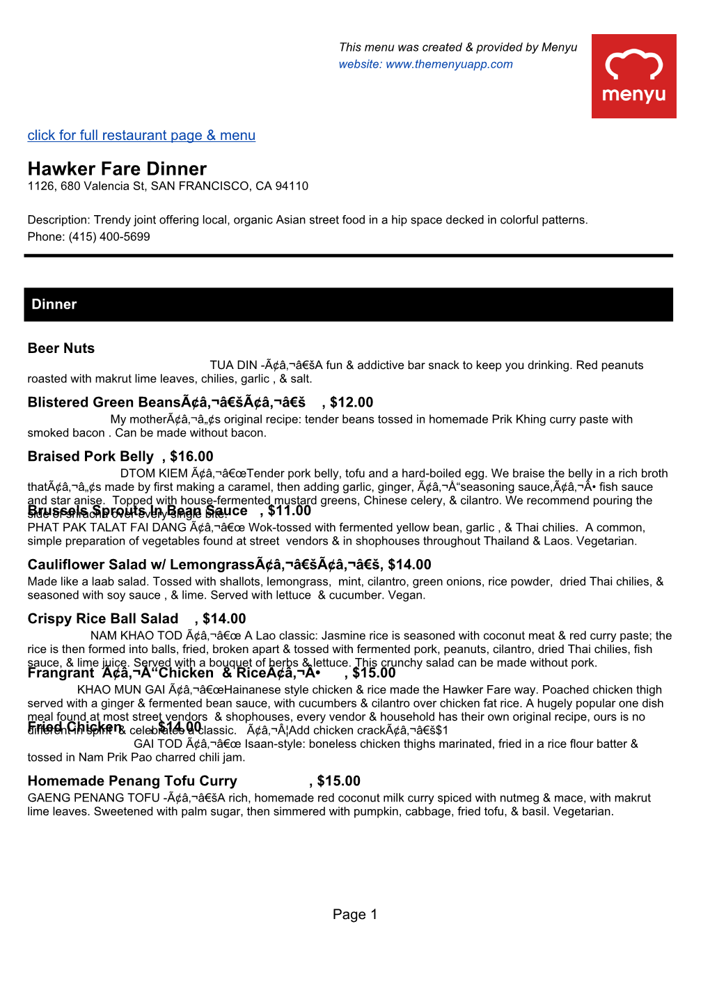 Hawker Fare Dinner 1126, 680 Valencia St, SAN FRANCISCO, CA 94110