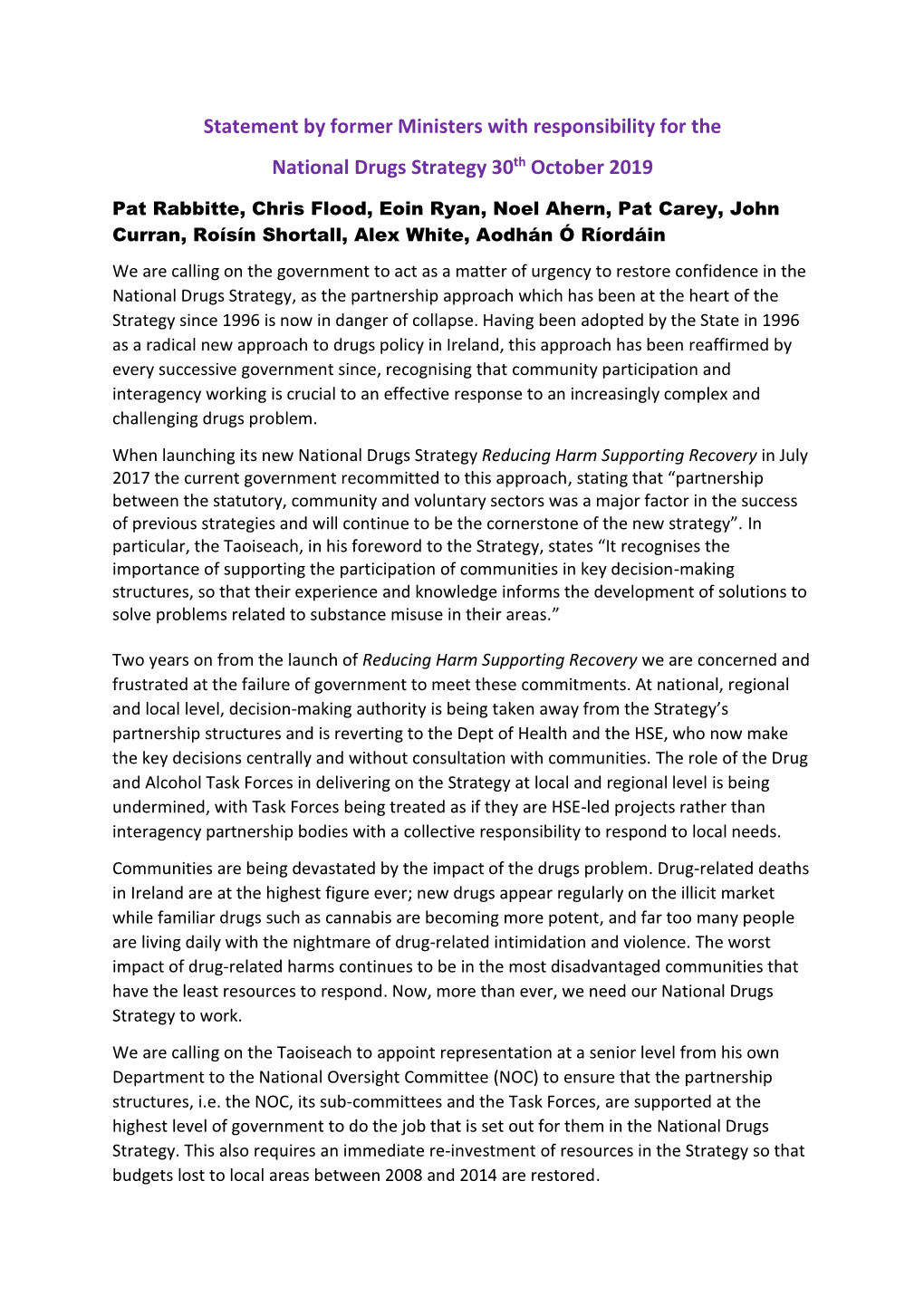 Statement by Former Ministers with Responsibility for the National Drugs Strategy 30Th October 2019