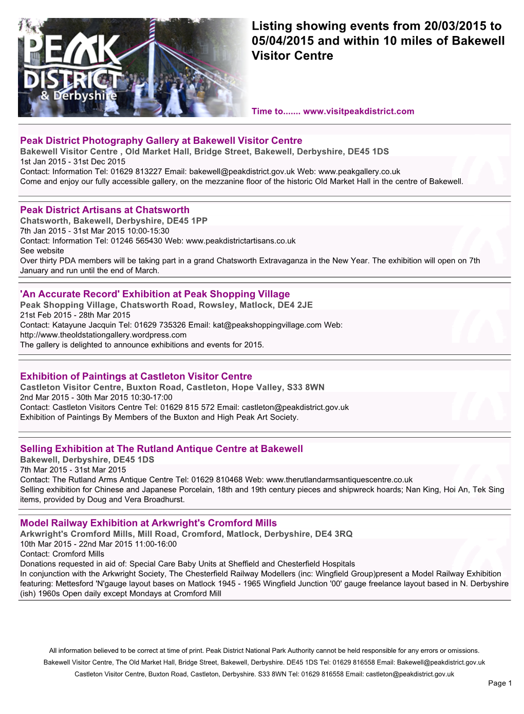 Listing Showing Events from 20/03/2015 to 05/04/2015 and Within 10 Miles of Bakewell Visitor Centre