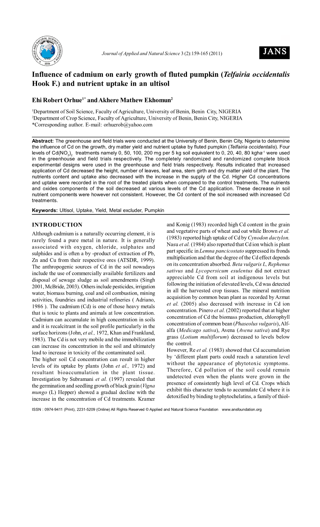 Influence of Cadmium on Early Growth of Fluted Pumpkin (Telfairia Occidentalis Hook F.) and Nutrient Uptake in an Ultisol