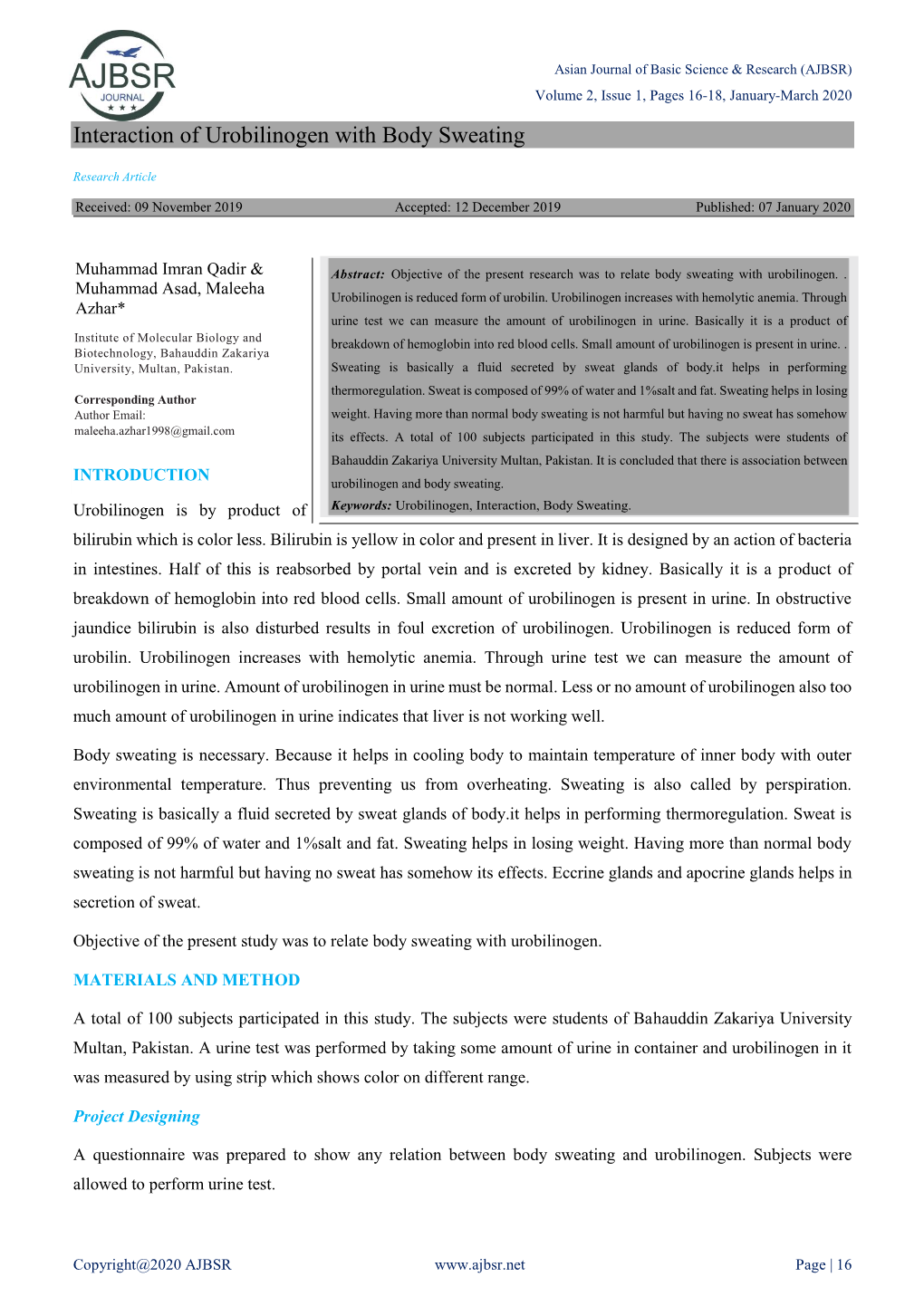 Interaction of Urobilinogen with Body Sweating