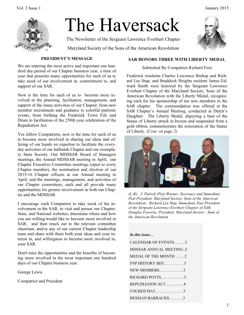 The Haversack the Newsletter of the Sergeant Lawrence Everhart Chapter Maryland Society of the Sons of the American Revolution