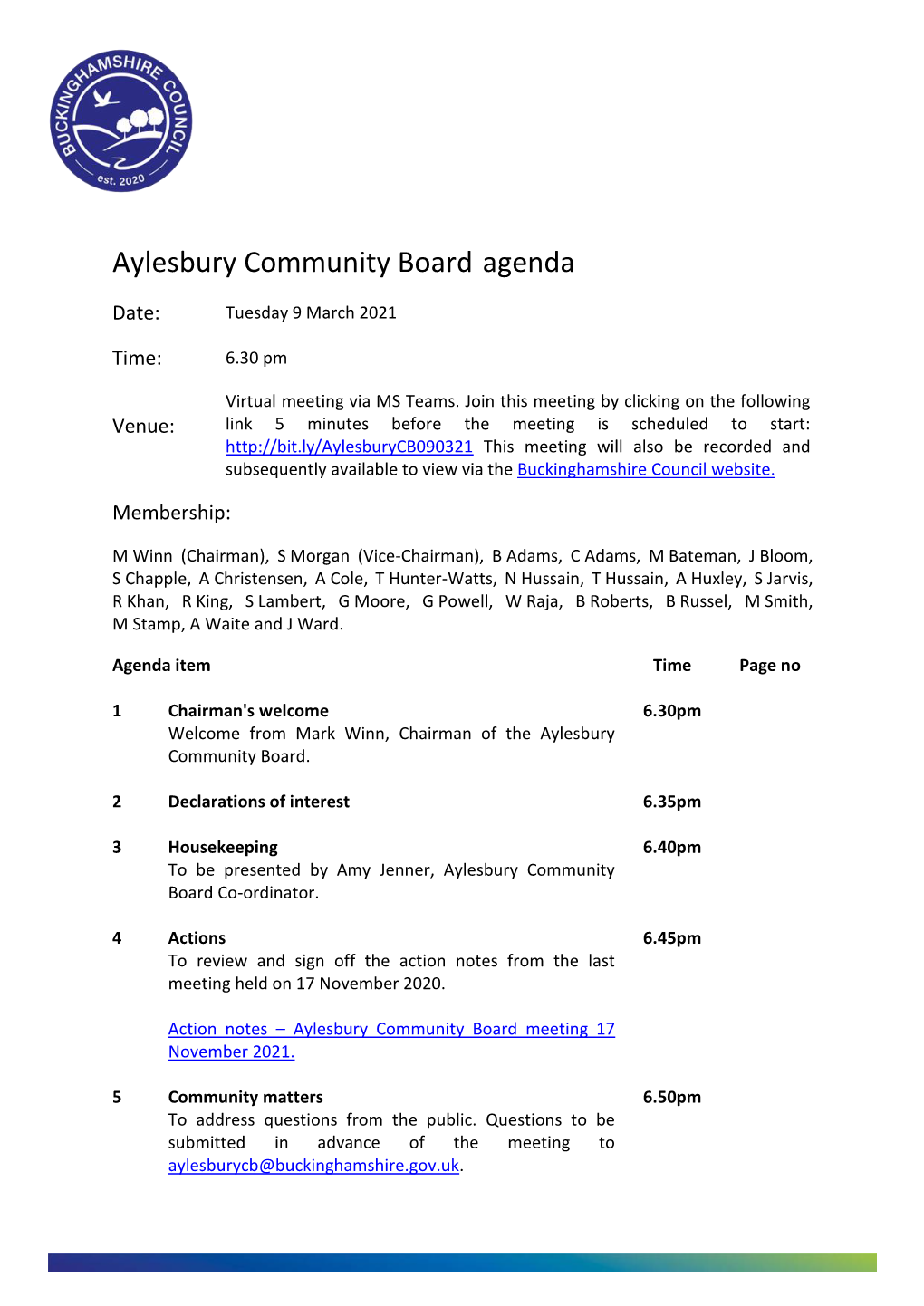 (Public Pack)Agenda Document for Aylesbury Community Board, 09/03