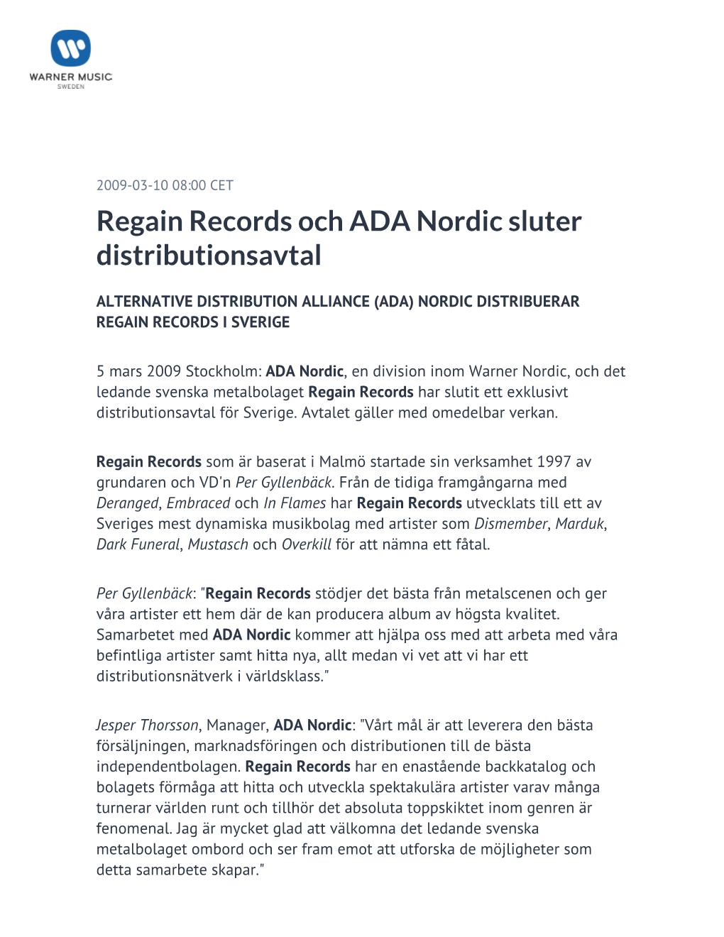 Regain Records Och ADA Nordic Sluter Distributionsavtal