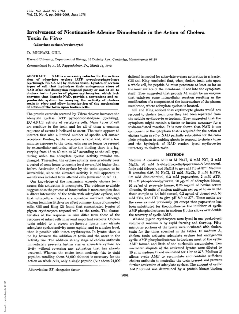 Involvement of Nicotinamide Adenine Dinucleotide in the Action of Cholera Toxin in Vitro (Adenylate Cyclase/Erythrocyte) D