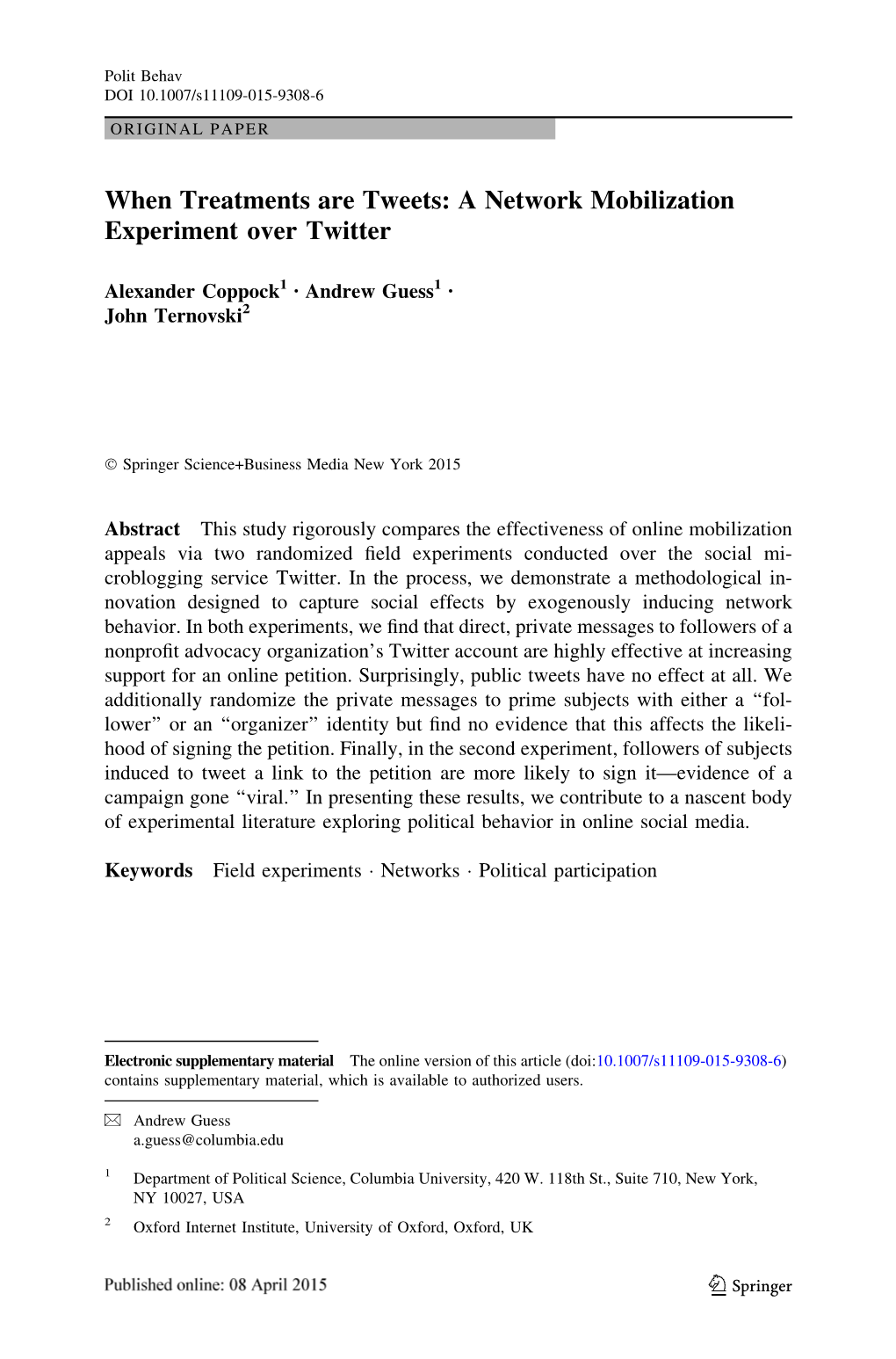 When Treatments Are Tweets: a Network Mobilization Experiment Over Twitter