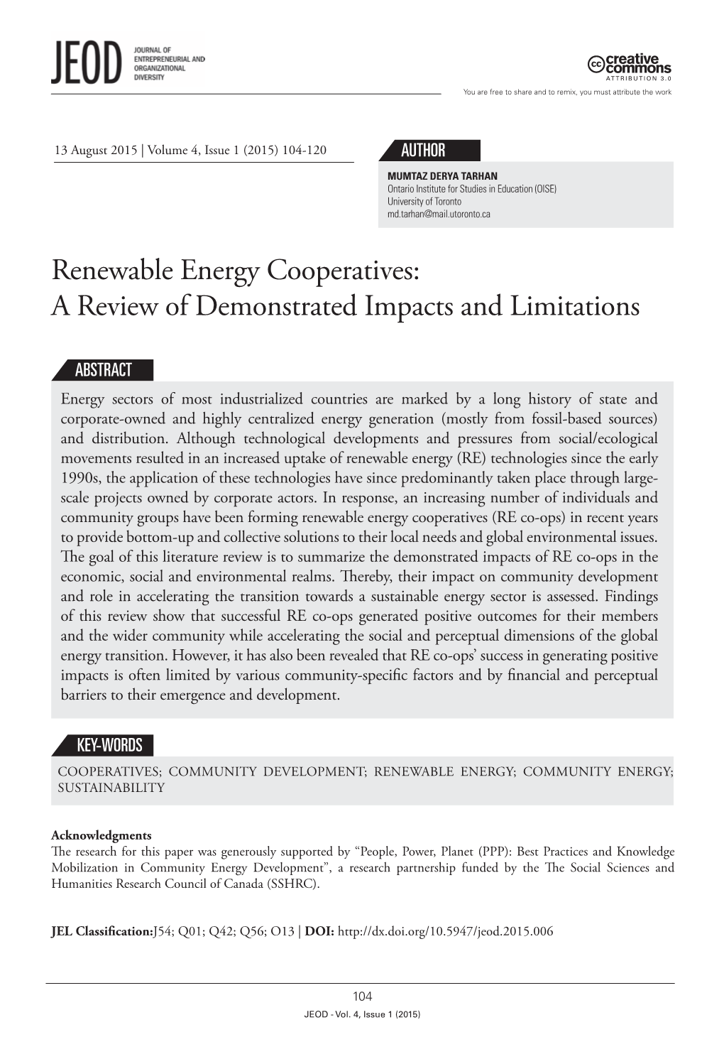 Renewable Energy Cooperatives: a Review of Demonstrated Impacts and Limitations