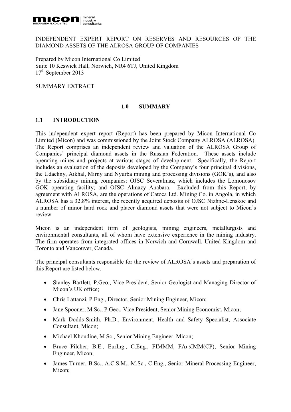 Independent Expert Report on Reserves and Resources of the Diamond Assets of the Alrosa Group of Companies